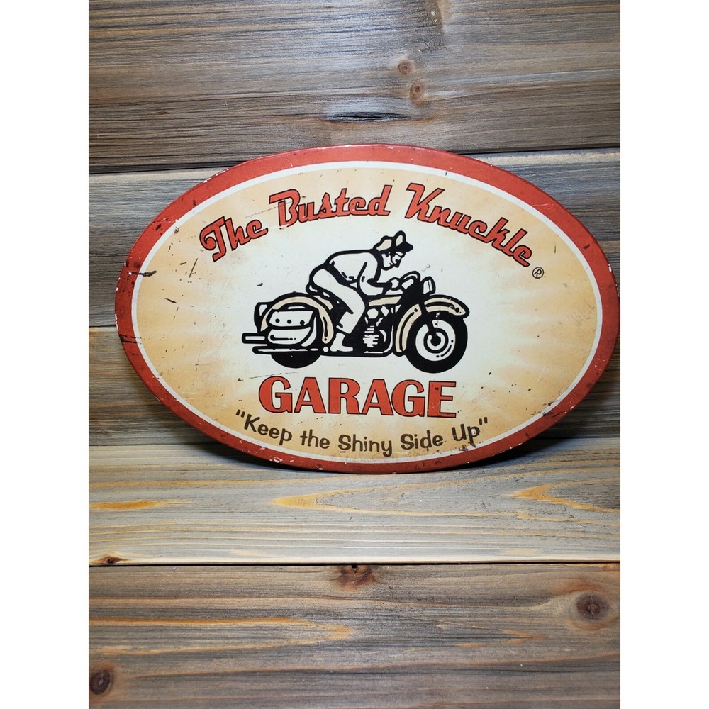 Motorcycle Garage Metal Sign Round Busted Knuckle